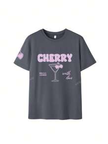 Camiseta feminina com estampa de mistura de cerejas e gola redonda, manga curta, blusa versátil e moderna