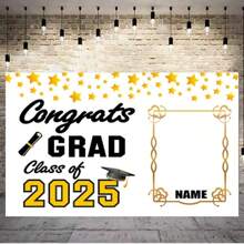 1 pièce Décoration de fête de remise des diplômes DIY - Arrière-plan de photographie de remise des diplômes de la classe 2025 Mortier de bachelier noir et or, ballon, banderole de félicitations pour la remise des diplômes, arrière-plan