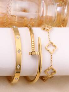 3 件/1 件时尚奢华四叶草锆石镶嵌不锈钢手镯，适合日常佩戴 - 金黃色 - 查看 13