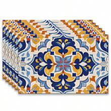 A Set Of 4/6pcs With Blue Patterns, Table Placemats, Made Of Machine Washable Polyester Fiber, This Rectangular Heat-Resistant Placemat Is Heat-Resistant, Stain Resistant, Waterproof, And Easy To Clean. It Is Suitable For Desktop Decoration, Holiday Party Decoration, And Desktop Protection, And Is Suitable For Both Home And Outdoor Use
