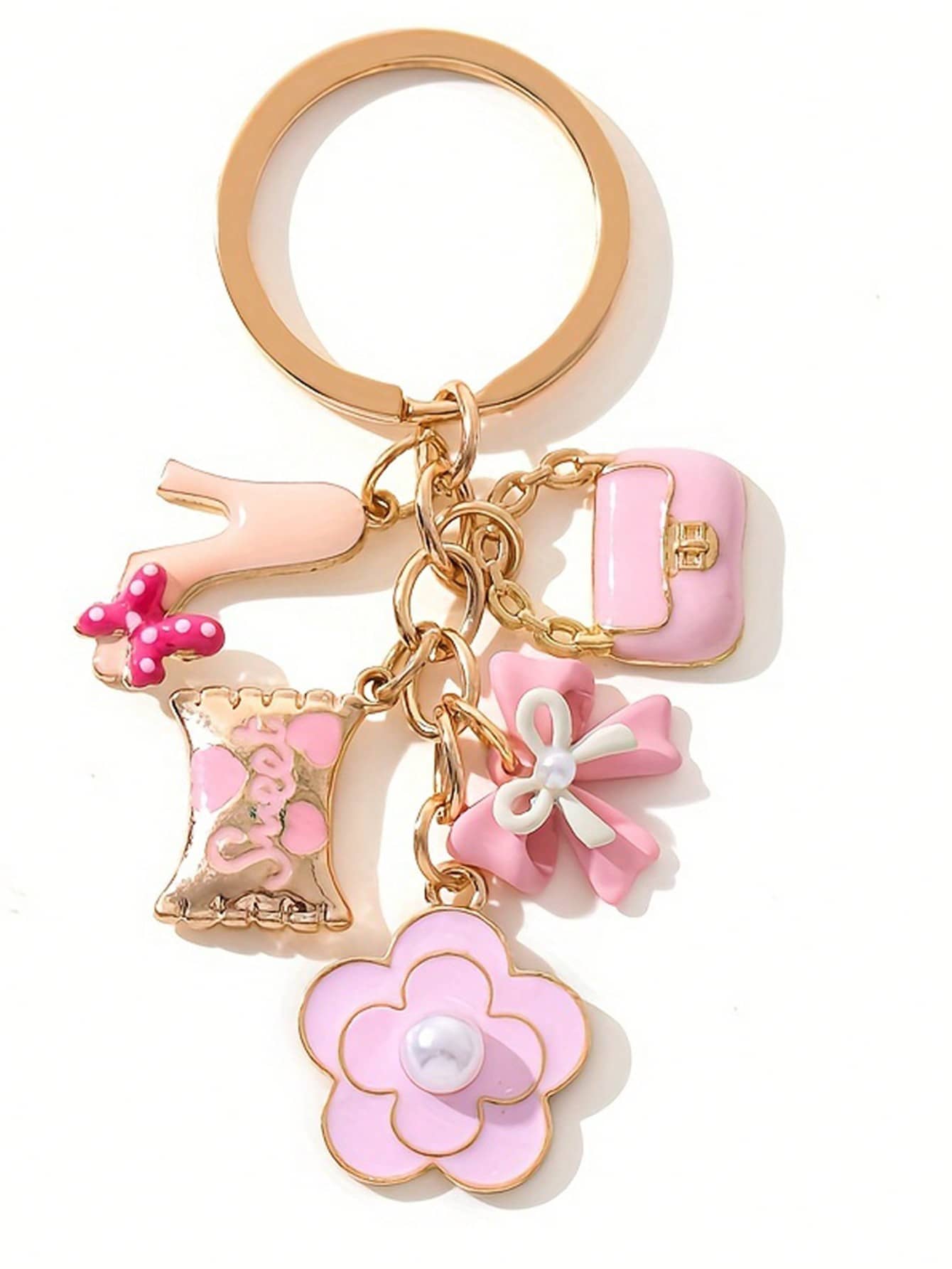 سلسلة مفاتيح زهرية معدنية صغيرة وردية اللون