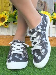 Zapatillas deportivas casuales con cordones y punta redonda cómodas, con estampados de rosa, estrella y calavera, aptas para todas las estaciones