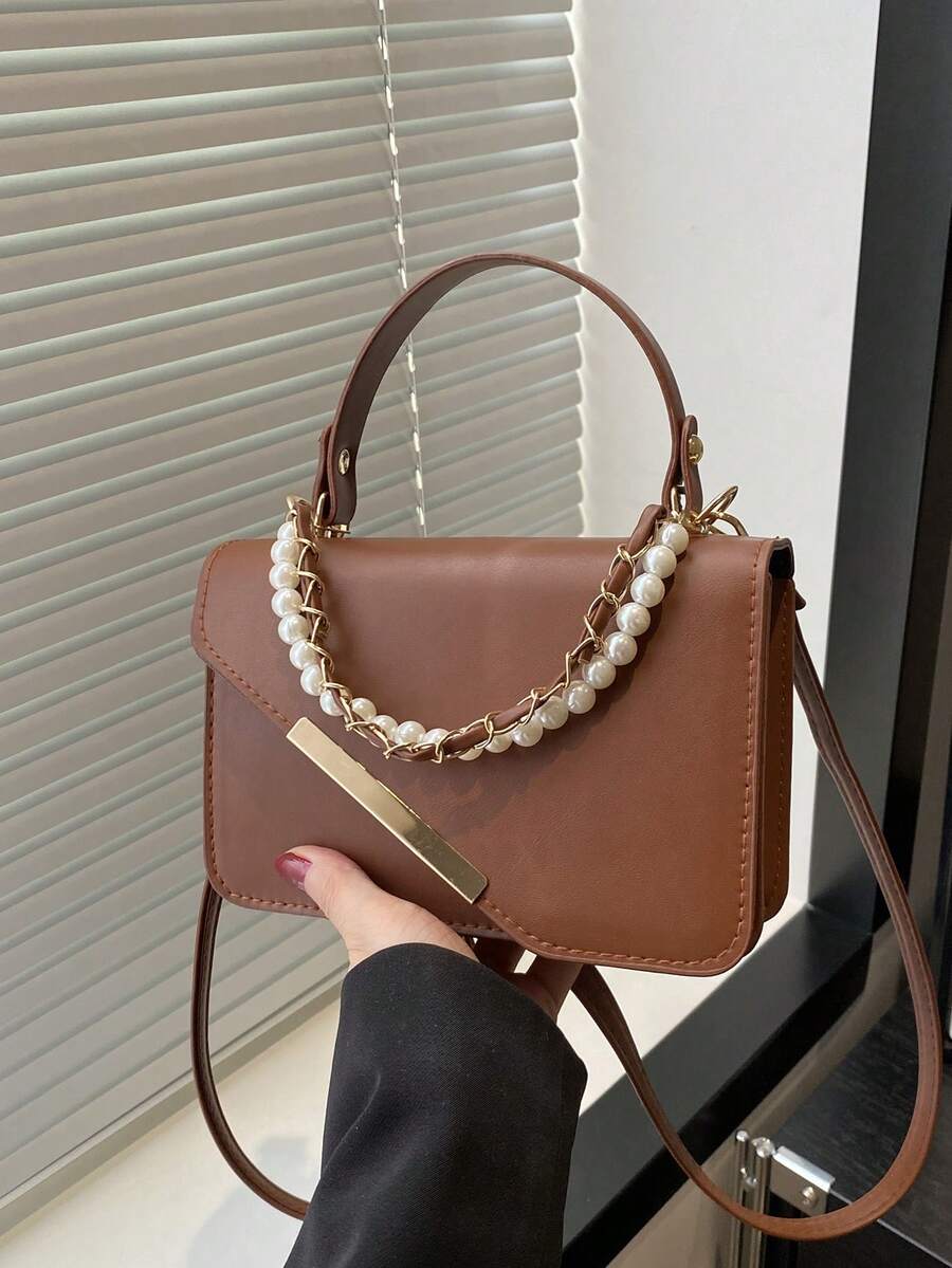 1套简约复古迷你纯色托特包小方包时尚五金铁边翻盖开口肩带可调节斜挎包零钱包适合女性日常休闲搭配使用