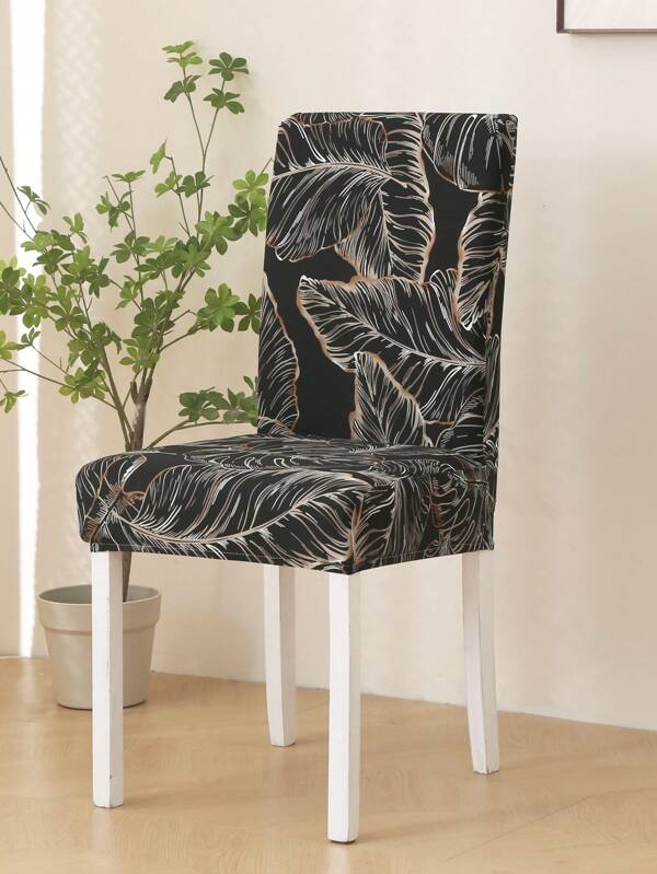 1/4pcs Multiple Black And White Leaf Print Elastic Chair Cover, Polyester Fiber Chair Cover, Hotel Home Chair Cover