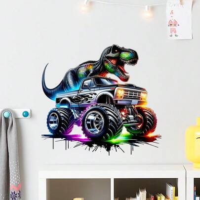 1/4 Sheet Car Dinosaur Wall Sticker, Vivid Dinosaur And Monster Truck Sticker For Car Back, Laptop, Truck, Window, Wall - Self-Adhesive, Smooth Surface, Fantasy Cartoon Animal Theme, Disposable - Adhere To Glass Metal, Ceramic