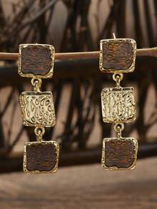 1 Pair Fashionable Geometric Square Earrings, Gold Brown/Caramel Color, Vintage Baroque Square Drop Earrings With Atmospheric Design - Multicolor - View 2