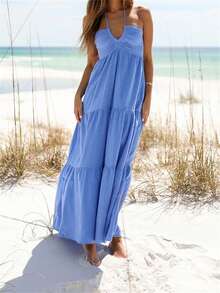 Women Summer Halter Neck Dress Casual Ruffle Hem Solid Color Backless Party Dress For Beach Club Streetwear - Blue - View 2