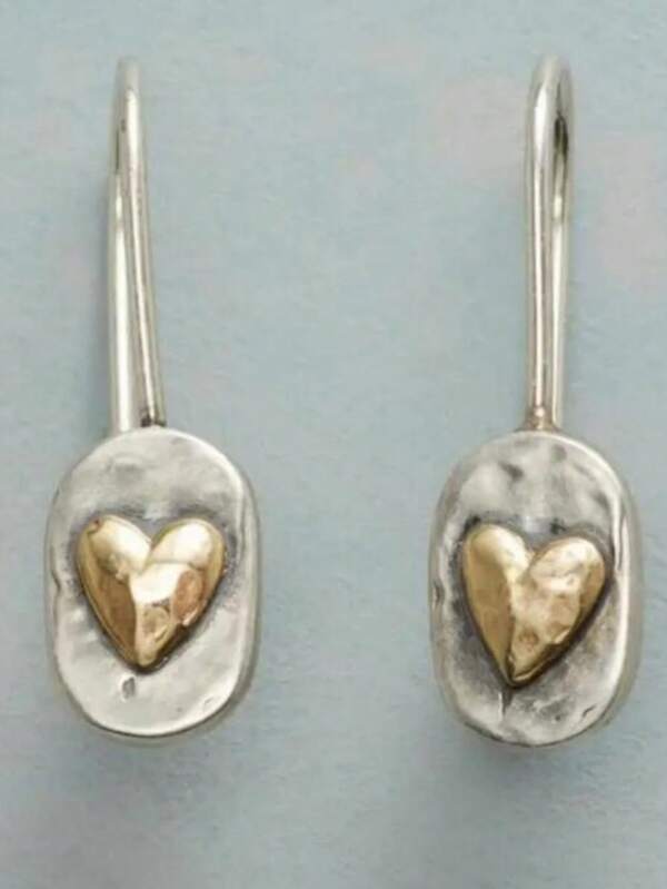 1 Pair Vintage Boho Style Geometric Hammered Yellow Heart Hook Earrings, A Jewelry Gift Suitable For Women To Wear Daily, Parties, Travel