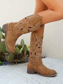 Damen Stiefel bis zur Wade mit Stickerei, neue kurze Stiefel für Frühling/Herbst, Stiefel mit Plateauabsatz im Vintage Stil, Cut Out Western Langstiefel, Sommerstrand