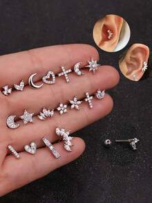 1Pc Cartilage Earrings For Women, Fashion Sparkling Cubic Zirconia Heart Star Crown With Multiple Shapes For Women's Stud Earrings, Stainless Steel Moon Decor CZ Stud Earrings Forward Helix Tragus Daith Piercing Jewelry Valentines