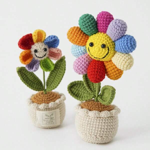 2pcs Handmade Knitted Colorful Sunflower Decor, Faux Green Plant Yarn Potted Decoration, Positive Energy Desktop Ornament Gift