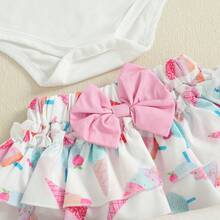 Half Way To One Newborn Baby Girls Birthday Outfits Letter Print Romper Bodysuit Top + Strawberry/Ice Cream/Orange/Watermelon Print Shorts + Bow Headband 3Pcs Clothes Set - 白色 - 查看 9