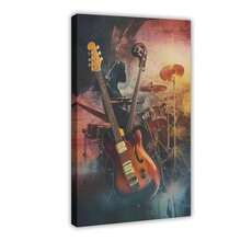 Póster de arte de lienzo con fusión musical, impresión de guitarra eléctrica y tambores, arte de pared de música, decoración de pared de instrumentos de banda, arte de pared de lienzo, arte de pared de lienzo para decoración de dormitorio, bar, oficina y sala de regalo - Beis - Ver 2