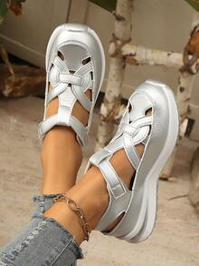 女式坡跟厚底运动鞋，新款夏季女士休闲平底乐福鞋 - 銀色 - 查看 5