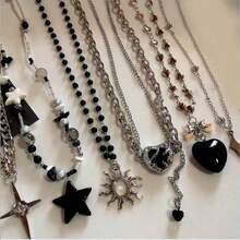 6 件装复古黑色心形星星太阳吊坠朋克银色颈链项链男女皆宜 Y2k 美学场景 EMO 珠宝配饰