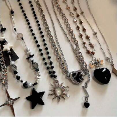 6 件装复古黑色心形星星太阳吊坠朋克银色颈链项链男女皆宜 Y2k 美学场景 EMO 珠宝配饰