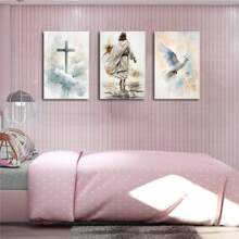 Ensemble de 3 peintures murales sur canevas moderne et simple encadrées, art biblique. Affiche de Jésus marchant sur l'eau, croix chrétienne. Convient pour le salon, la salle de bain, la chambre, l'hôtel, le B&B, l'appartement, la villa, la galerie, la salle de classe, le couloir, le studio, la chambre d'enfant, le bureau, la salle de prière. Prêt à accrocher pour la décoration de la maison.