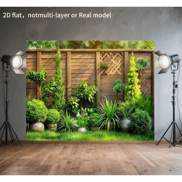 1 peça de fundo de jardim paradisíaco com cerca de madeira e trepadeiras, adequado para salas de estar, escritórios e áreas externas como um banner de festa. 2D plano, não multicamadas ou modelo real.