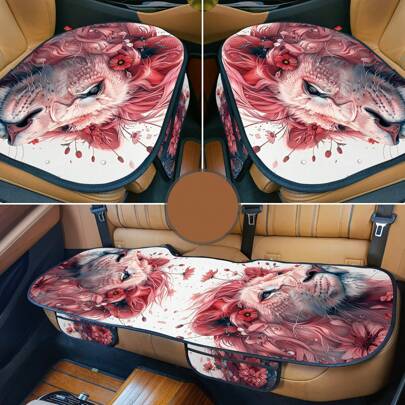 Fashion Romantic Pink Flower & Lion Design Car Seat Cushion, Suitable For All Seasons