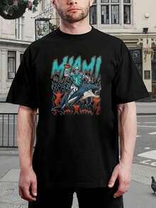 Camiseta vintage de esqueleto de delfines de Miami para hombre montando un tiburón - Camiseta retro de fútbol - Atuendo único para el día del partido - Ropa para fanáticos del deporte - Negro - Ver 1