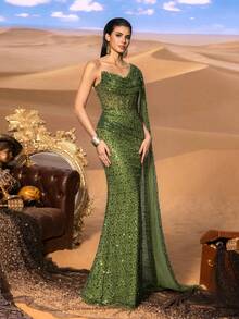 Faeriesty Haute Glamour 奢华亮片单肩披肩晚礼服 - 戏剧性的不对称，透明的覆盖层和美人鱼轮廓，高开衩和合身腰部，适合豪华宴会和迷人活动