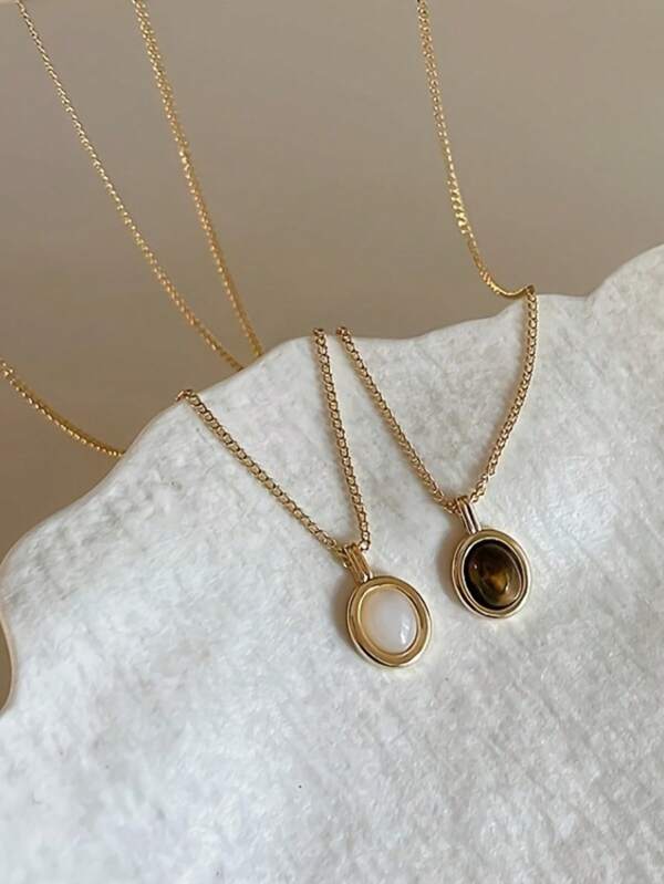 1pc Elegant Fashion Cat Eye Stone & Shell Pendant Necklace, Minimalistic And Versatile Jewelry For Women, Daily Wear
