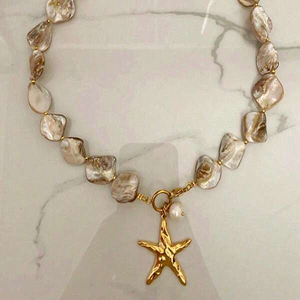 1pc Stainless Steel Gold Color Starfish Pendant Necklace Featuring Shell Beads, Women's Fashion Accessory