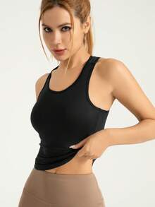 1 pieza Parte superior deportiva de yoga con soporte interno, de color sólido, con parte trasera bonita, de primavera y verano, para uso diario, con alta elasticidad, suave y transpirable, adecuada para correr, fitness, ciclismo y entrenamiento