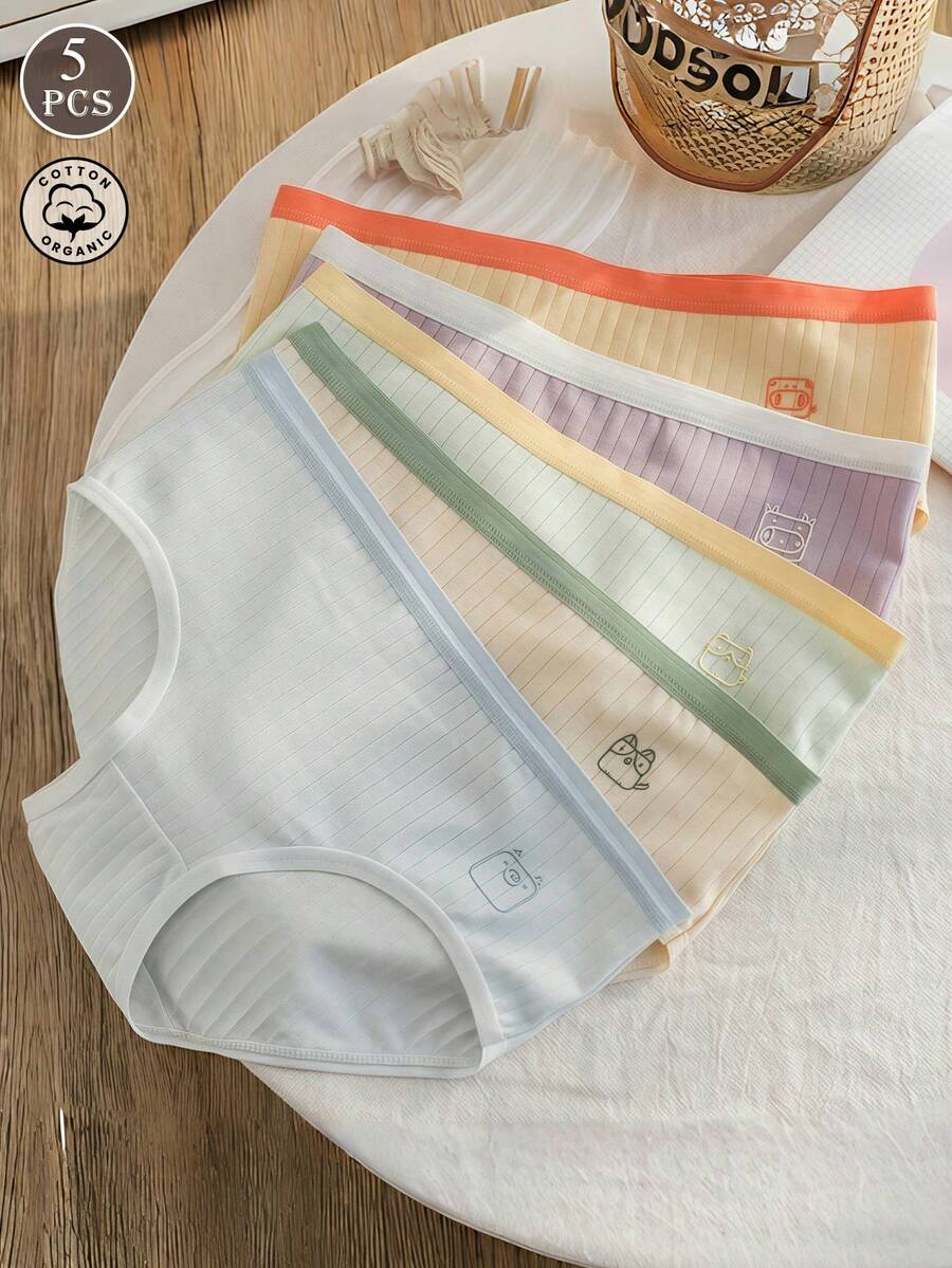 AOKVOGIRL 5 件女士棉质内裤，简约纯色可爱内衣，中腰全棉三角裤 - 彩色 - 查看 1