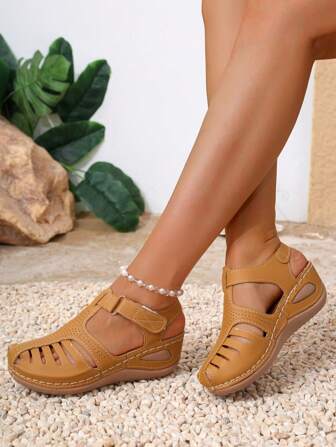 Women's Ginger Color Casual Platform Thick Bottom Sandals, Round Toe Hollow Out Design, Mid Heel, Breathable & Comfortable, Suitable For All Seasons, Polyurethane Sole, Fashionable & Versatile Hook-And-Loop Sandals