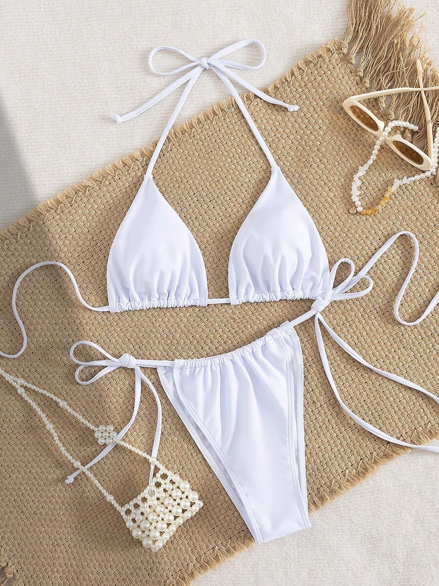 Bộ bikini dây buộc cổ màu trơn gợi cảm dành cho nữ, thích hợp cho kỳ nghỉ biển, bikini màu trơn gợi cảm, dây buộc cổ sau và dây buộc bên hông, được làm từ vải co giãn thoáng khí, phù hợp cho tiệc tùng, lễ hội âm nhạc, ngày Valentine; trang phục đi biển cho nữ; trang phục đi nghỉ mát cho nữ; đồ bơi đi biển thanh lịch cho nữ; bikini đi biển cho nữ; đồ bơi nữ; bộ bikini đi biển cho nữ, đồ bơi nữ, trang phục nghỉ hè màu trắng - trắng - Xem 1