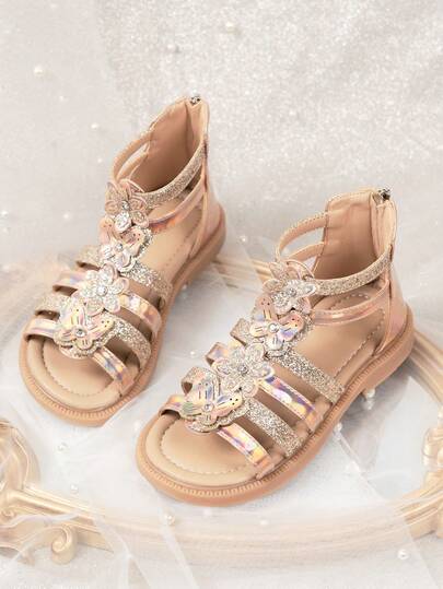 Girls Sequin Woven Soft Bottom Sandals, Gold PU Princess Shoes, Casual Children Roman Sandals, Suitable For Summer Daily Wear, Suitable For Party And Wedding