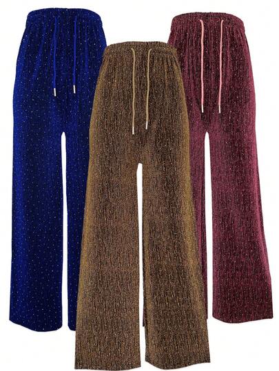 Kit de 3 pantalones de pierna ancha para mujer, multicolor, sexy, elegantes y casuales, tela con diseño escarchado, tela de algodón y poliéster, aptos para temporadas de primavera y verano, ajuste de cintura natural con resorte y cordón, con pequeña y elegante pedrería artificial y decorativa. Te llegarán 3 pantalones en colores al azar.