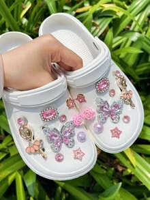 20 件银色小提琴形状和蝴蝶装饰，适用于镂空木屐、凉鞋、沙滩鞋、花园鞋、DIY 配饰 - 銀粉色 - 查看 1