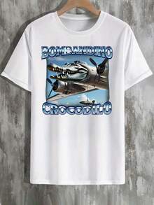 Bombardino Crocodilo Funny Brain Puffs T-Shirts, T-Shirts, Italian Brain Puffs, Crocodile T-Shirts,  T-Shirts, Men's Tops, Gift T-Shirts, Summer, Daily Casual, Round Neck Short Sleeves, Fashionable Men's Clothing - White - View 2