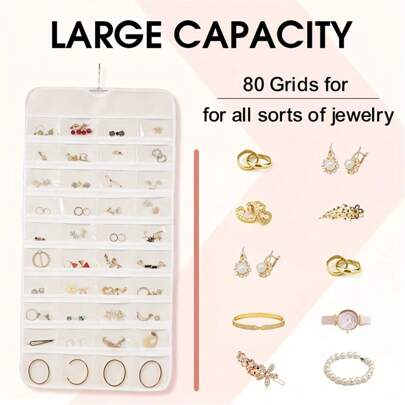 1pc/80 Pockets Big Double Sided Hanging Jewelry Display Organizer Storage Bag Non-Woven Foldable Ring Necklace Bracelet Pouch For Women Storage Organizer Travel Essentials Gift Back To School