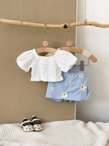 2pcs/Set Newborn Baby Girl White Princess Super Short Puff Sleeve T-Shirt + Floral Embroidery Shorts, Summer