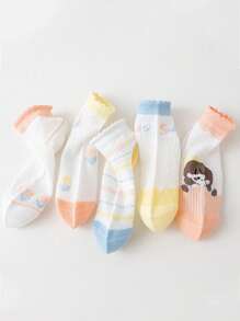 5 Pairs Of 1-16 Year Old Girls' Spring And Summer Mesh Socks, Short Socks, Comfortable, Breathable, Student Socks, Floral, Cute