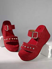 Women's Red Plus Size Thick Bottom Wedge Sandals With Rhinestone Decor, Tassel, Strap Design, Round Toe, Fashion Versatile Waterproof Platform Heels For Summer 2025, Suitable For Dress, Pants, Street And Beach Wear - Red - View 4