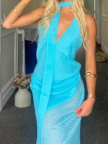 Summer Dresses For Women 2025 Halter Maxi Dress With Scarf Mini Dot Print Backless Bodycon Long Dress Slim Fit Going Out Dresses Wedding Guest Dresses Elegant Cocktail Party Dress Club Streetwear Beach Vacation Aesthetic Clothes Outfit - 藍色 - 查看 4