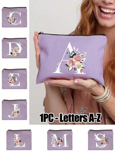 Neceser con estampado de flores de la inicial A-Z, regalo para niñas, bolsa de almacenamiento con patrón de letra retro simple y bonito, bolsa de cosméticos para almacenamiento de artículos pequeños, bolsa de aseo, bolso de mano, bolsa de almacenamiento plegable ligera, bolsa de compras simple, bolso de mano regalo para maestros, almacenamiento para enfermeras, médicos, maestros, adecuado para almacenamiento de cosméticos de viaje personal