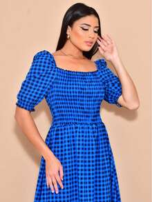 Helena Plaid Crepe Midi Dress With Short Sleeves - azul real - Ver 3