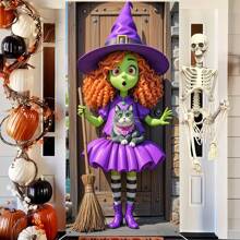 1pc (35*70inch/90*180cm) Polyester Halloween Door Banner Decoration, Cute 2D Cartoon Style Green Witch & Cat Design, Suitable For Home, Garden, Yard, Indoor/Outdoor Party Decor