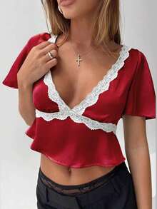 Women Lace Patchwork Short Sleeve Shirts Summer Deep V Neck Satin Silk Crop Tops Elegant Aesthetic Ruffle Hem Pullovers Blouse - 紅色 - 查看 1
