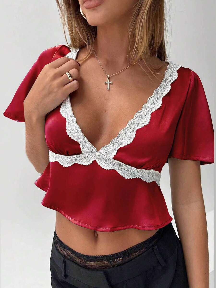 Women Lace Patchwork Short Sleeve Shirts Summer Deep V Neck Satin Silk Crop Tops Elegant Aesthetic Ruffle Hem Pullovers Blouse - 紅色 - 查看 1