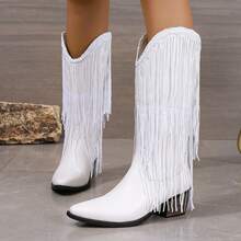 Fall/Winter 2025 White Double Layer Tassel Chunky Heel Square Toe Slip-On Fashion Comfy Versatile Cowboy/Riding Boots For Women - White - View 4