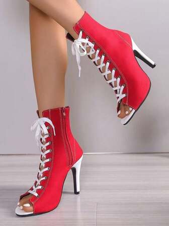 Fashionable, Versatile, Personalized Peep Toe Short Boots, Jazz Dance Custom High Heels, Side Zipper, Cross Over The Instep, Thin Heels, Kitten, Short Boots