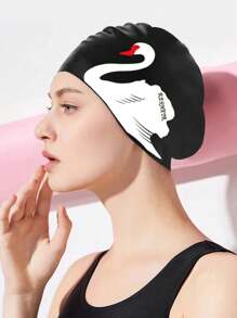 1pc Swan Design Silicone Swim Cap, Comfortable Waterproof Large Size For Long Hair Women, Fashionable