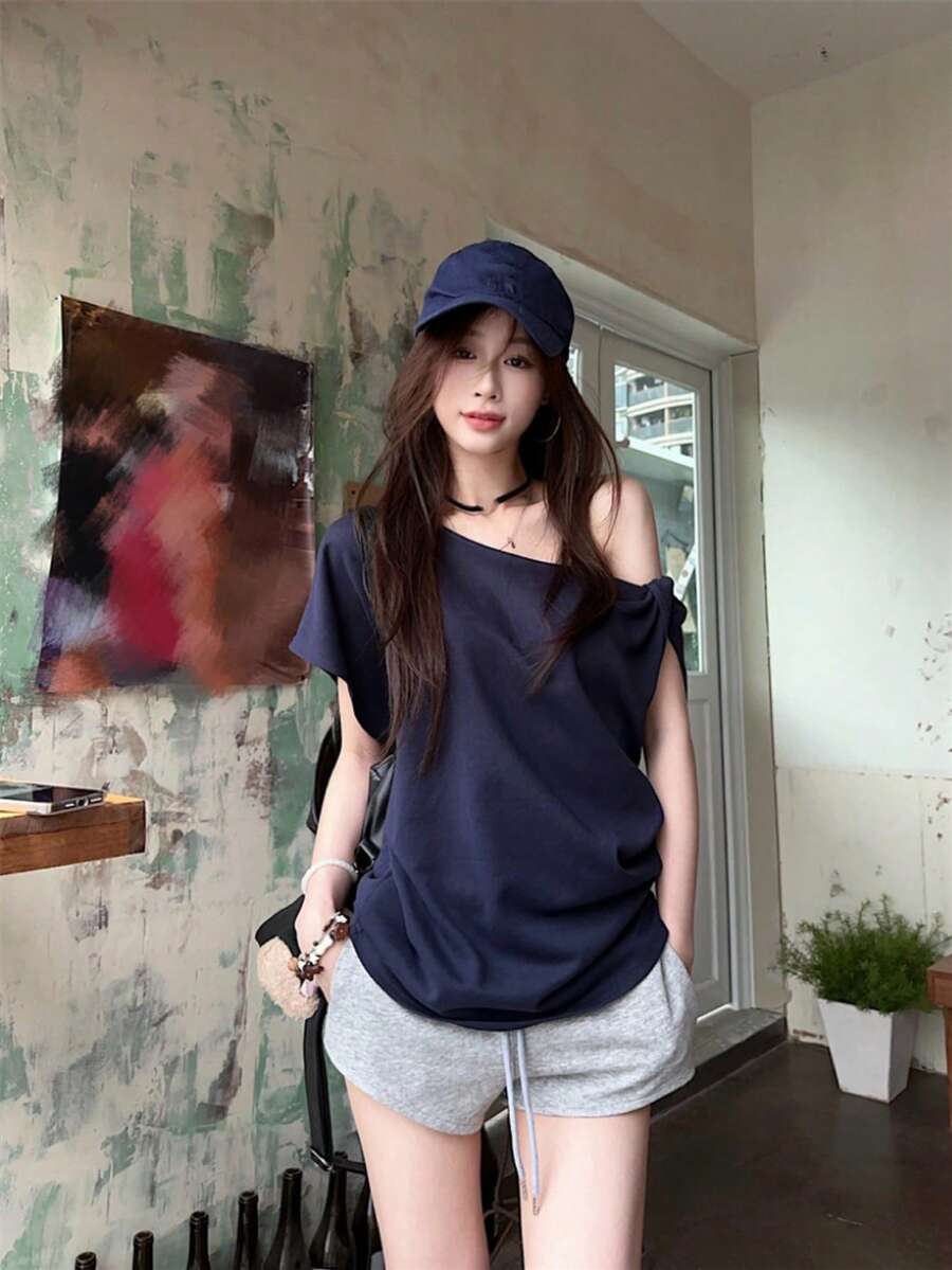 扭肩短袖休闲宽松不对称领口T恤女夏季 - 藏蓝色 - 查看 1
