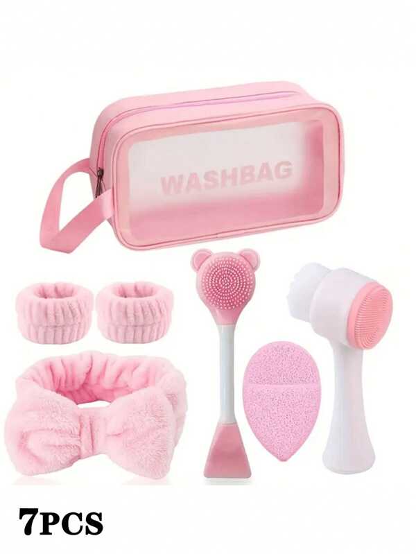 Conjunto de limpeza com 7 peças: escova para máscara facial de spa de beleza de limpeza profunda, faixa de cabeça com laço, pulseira, escova facial, ferramenta portátil para cuidados faciais femininos, bolsa de maquiagem